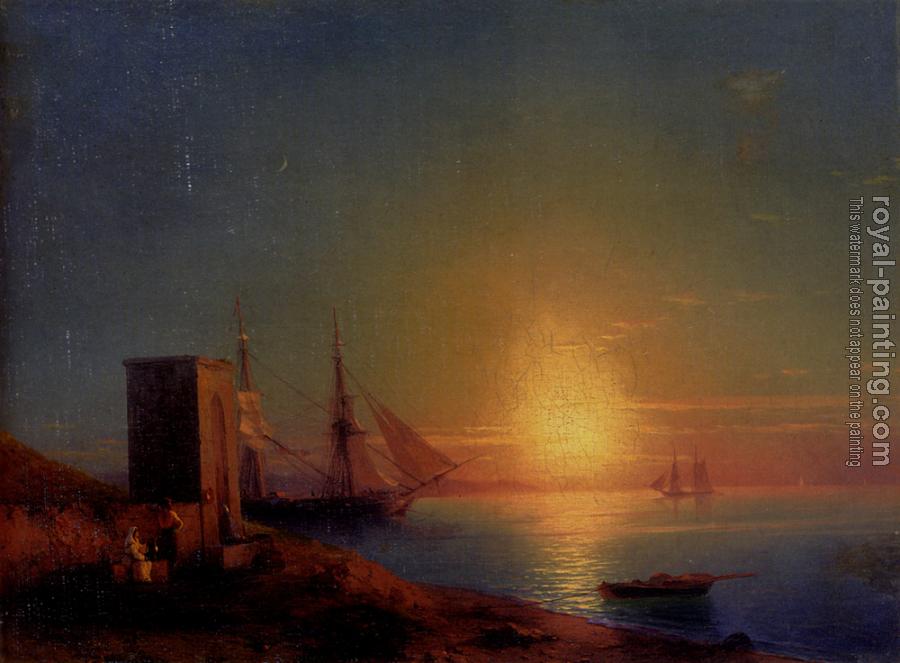 Ivan Constantinovich Aivazovsky : Figures In A Coastal Landscape At Sunset